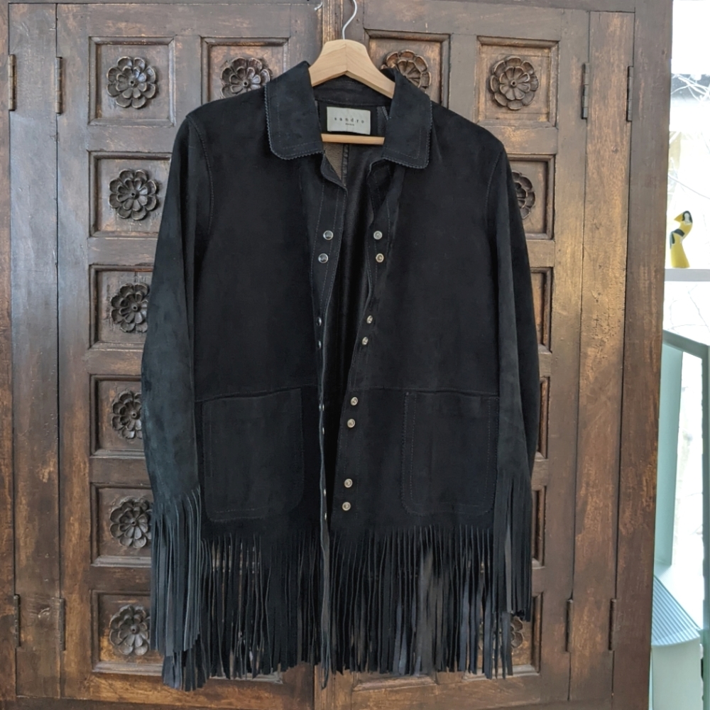 Sandro Vickie Suede Fringe Jacket in Black. Size 3/US 8